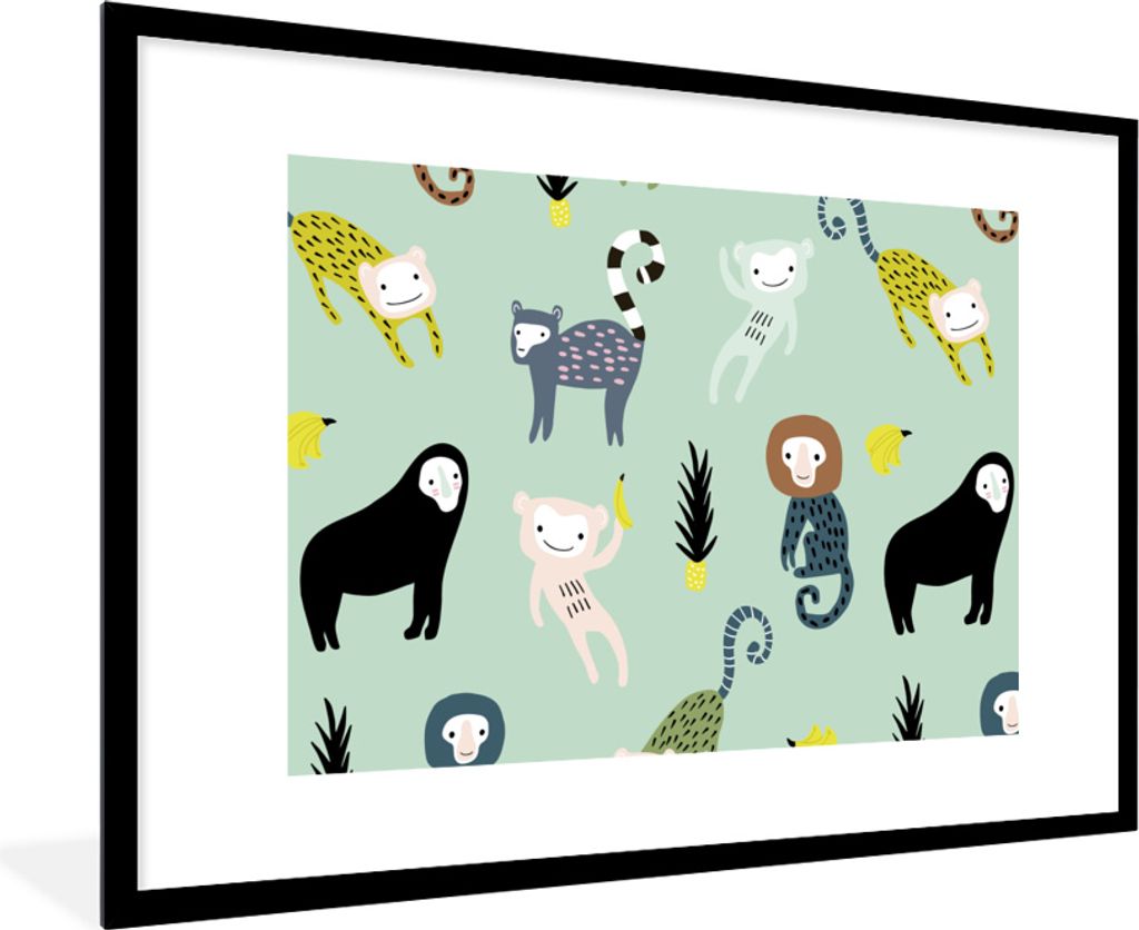 MuchoWow MuchoWow Gerahmtes Poster Affe - Obst - Pastell 90x60 cm - Poster mit zchwarzem Bilderrahmen - Wanddekoration - Fotos