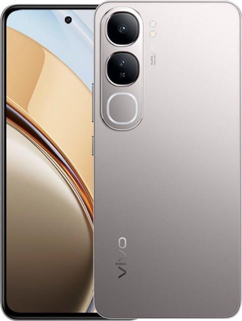 A close-up of the back of a silver smartphone, showing the camera array and the brand logo.