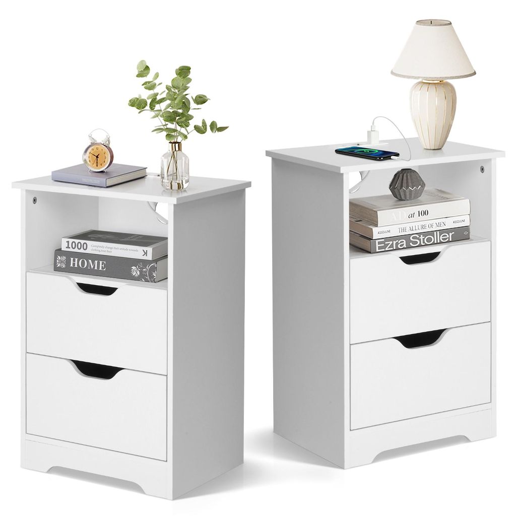 FCH Nachttisch 2er Set, Nachttische mit Ladestation mit offenem Fach, 2 Schubladen, 40 x 30 x 60 cm, Weiß