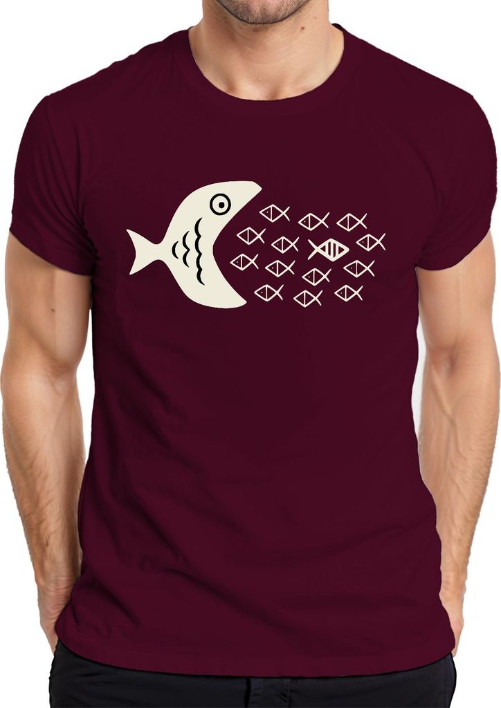 Großer Fisch frisst kleine Fische Fischschwarm Meer Ozean Maritim Herren T-Shirt, Burgundy, L