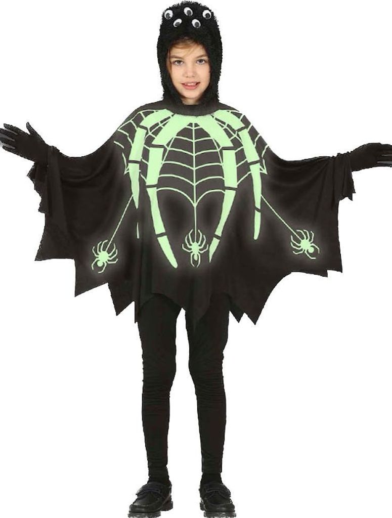 Halloween Spinnen Poncho Kinder Kostüm LEUCHTEND für Jungen und Mädchen, Größe:152 - 10 bis 12 Jahre