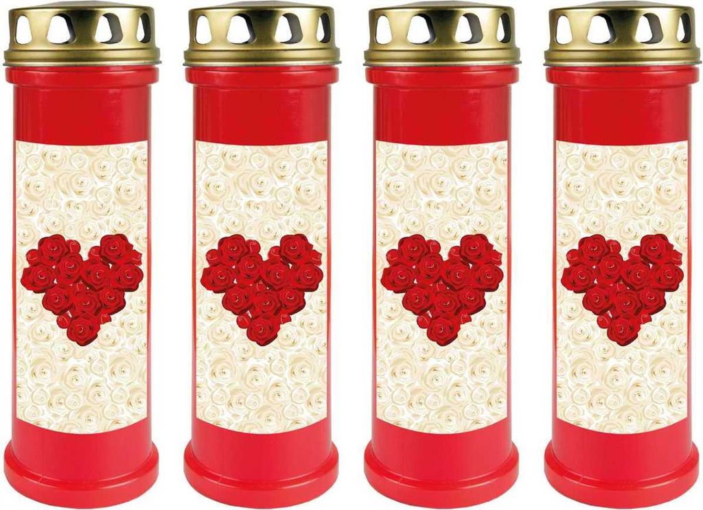 Grabkerze Rot 4er Pack, Brenndauer: 100 Stunden ( je Kerze ), Motiv: Rose Herz