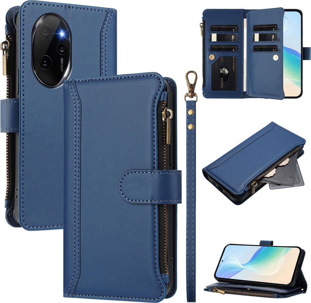 Handyhülle für Honor 100 Pro Reißverschluss Geldbörse Kunstleder Klapphülle mit Kartensteckplatz, Ständer, Handschlaufe Dunkelblau