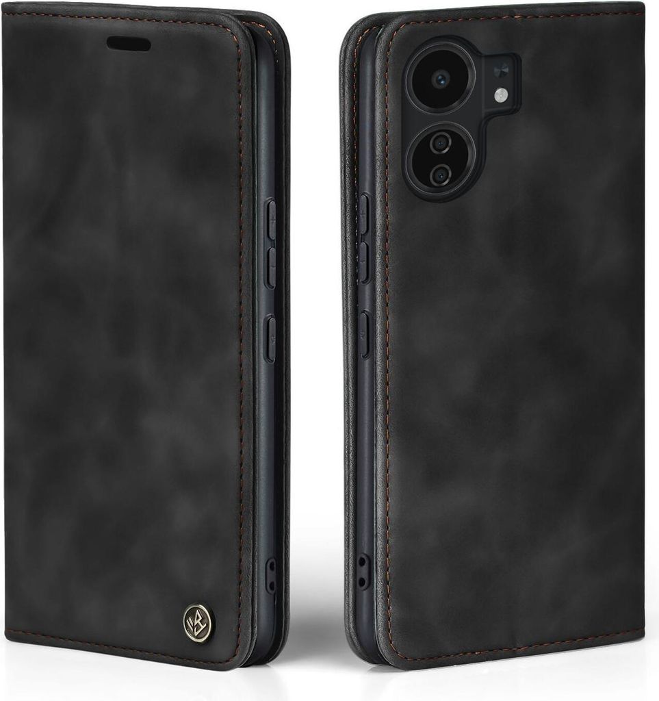 A black flip cover phone case is shown from two angles.