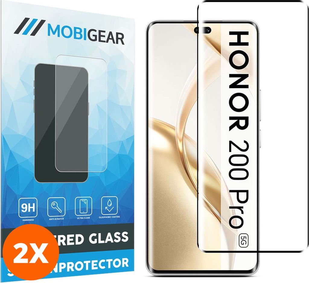 Mobigear Premium 4.99 HONOR 200 Pro Panzerglas Gehärtetes Glas Displayschutz - Hüllenfreundlich - Schwarz (2er Pack)