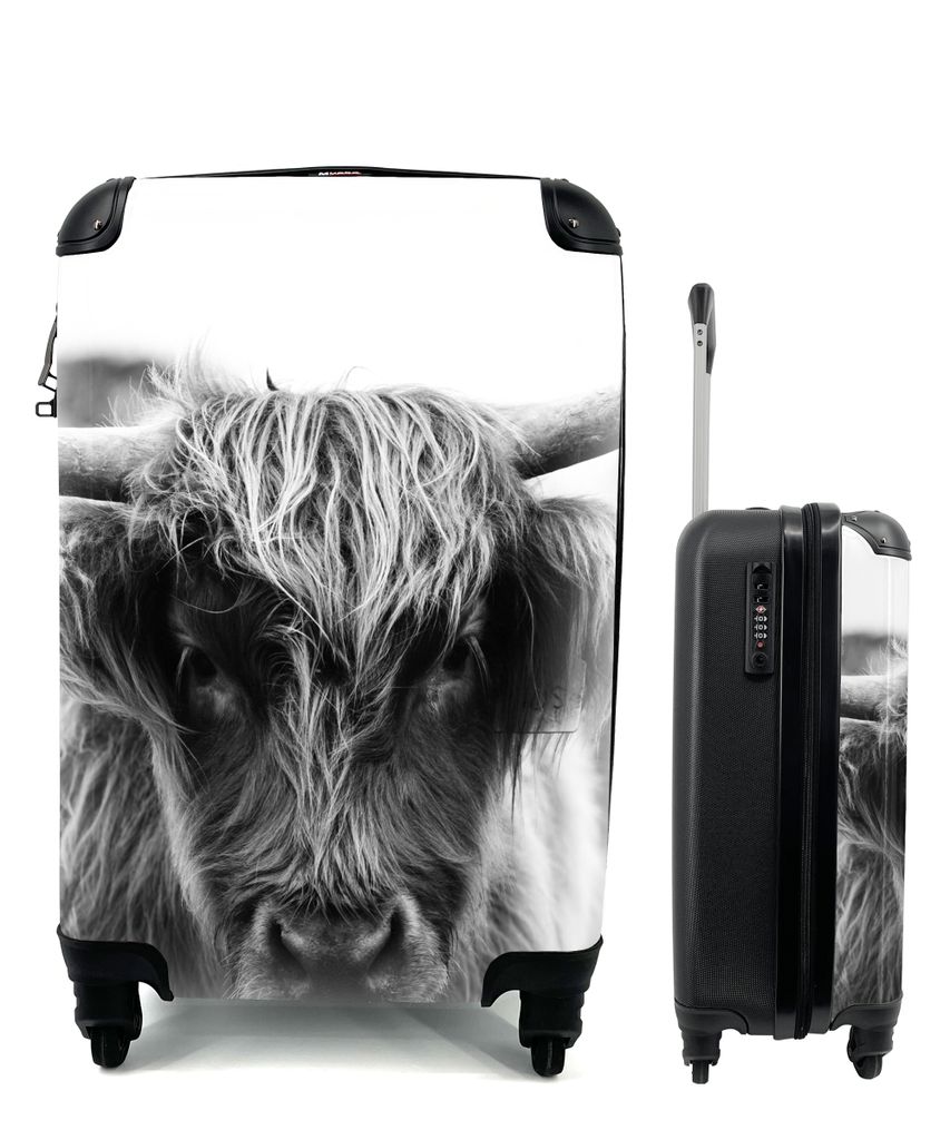 MuchoWow Koffer Handgepäck Trolley Rollkoffer Kleine Reisekoffer mit 4 Rollen - Schottischer Highlander - Kuh - Gras - Tiere - Natur - Cabin Siz...