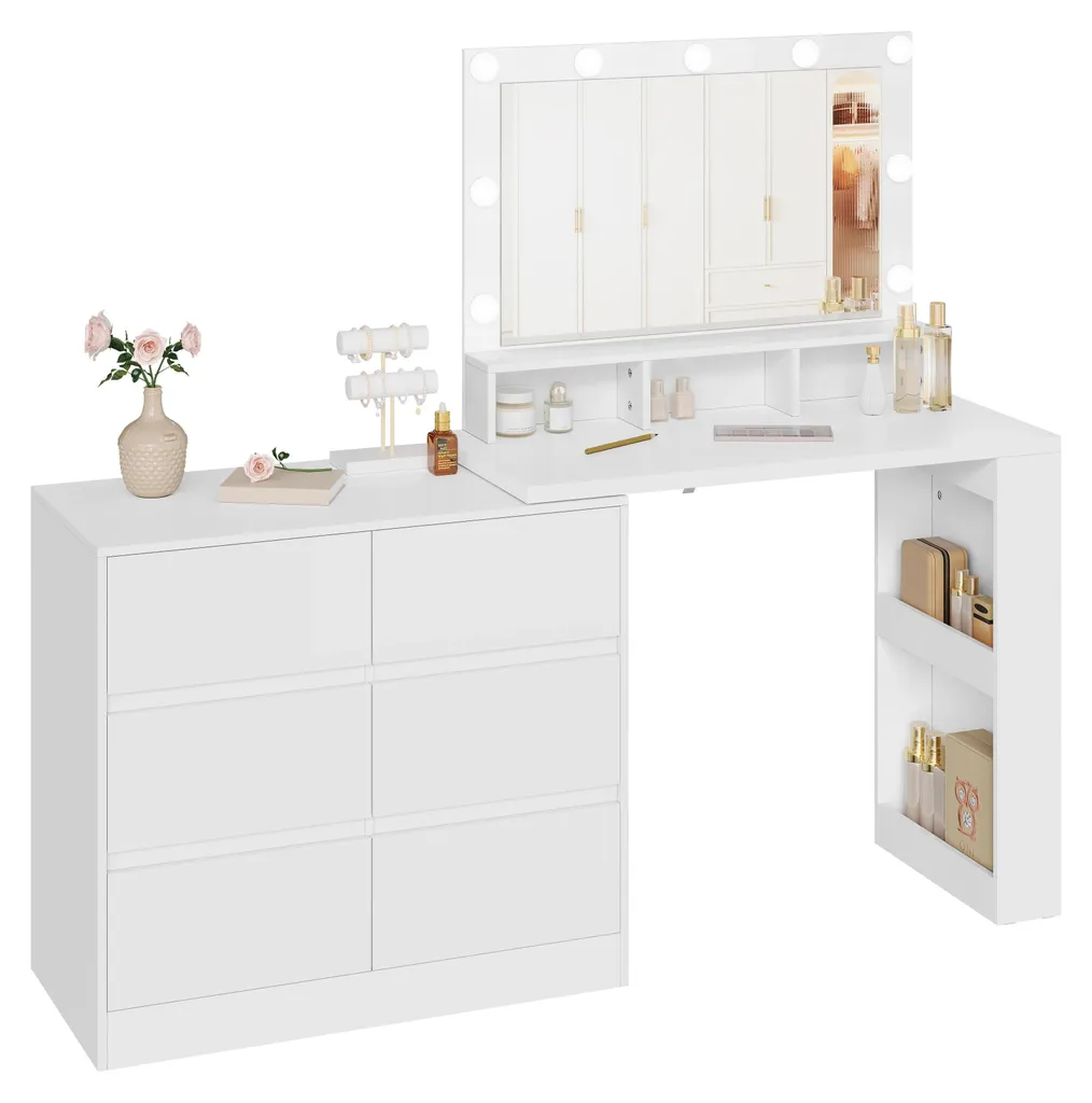 Coiffeuse LED tactile variable meuble de rangement 6 tiroirs USB blanc