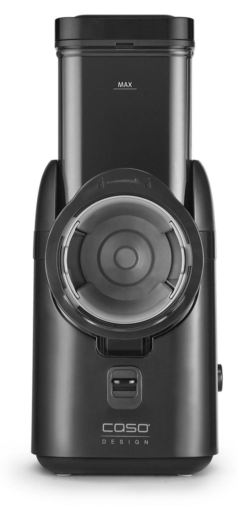 A black electric slicer is shown from the front on a white background.