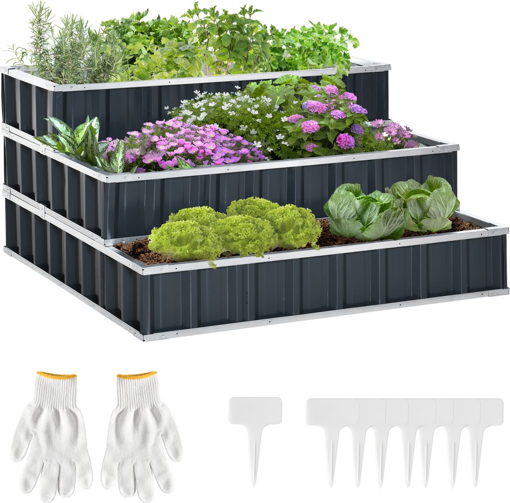 Outsunny Hochbeet aus Stahl 3-stufige Gartenbeet mit T-Form-Pflanzenschilder Handschuhe Pflanzenbeet Kräuterbeet Blumentreppe für Balkon Garten D...
