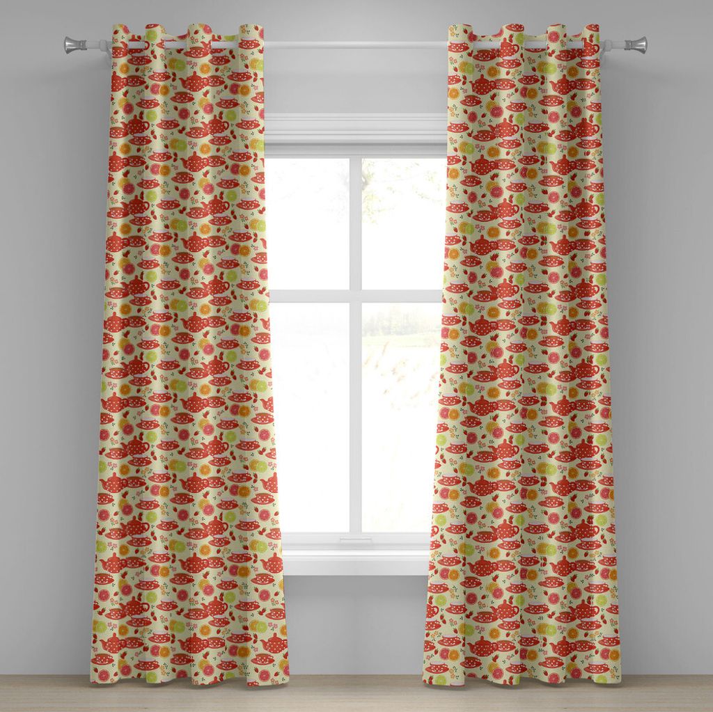 ABAKUHAUS Modern Ösenvorhang, Teekannen und Tasse mit Polka Dots Lime Orange und Erdbeere Früchte Cute Display, Dekorative 2-Panel-Fenstervorhän...
