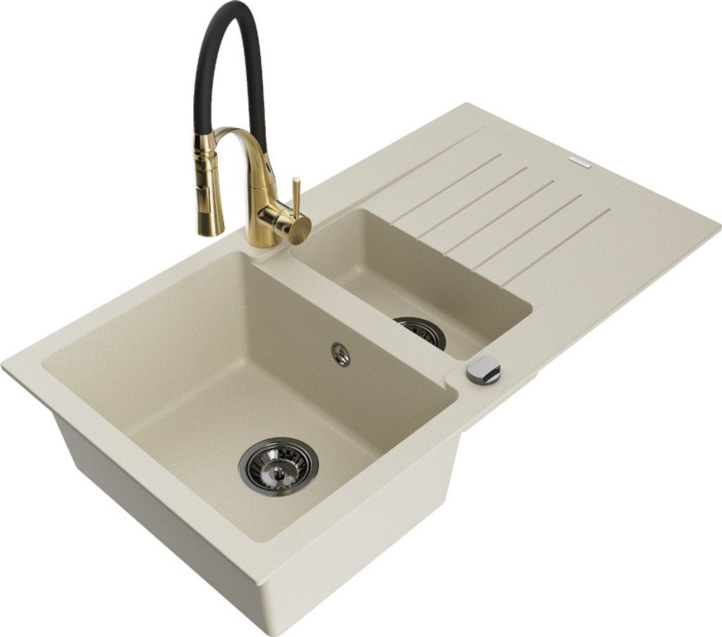 Mexen Matias 1,5-Becken-Granitspüle mit Abtropffläche und Mischbatterie Aster, Beige - 6502-69-73450-57-B
