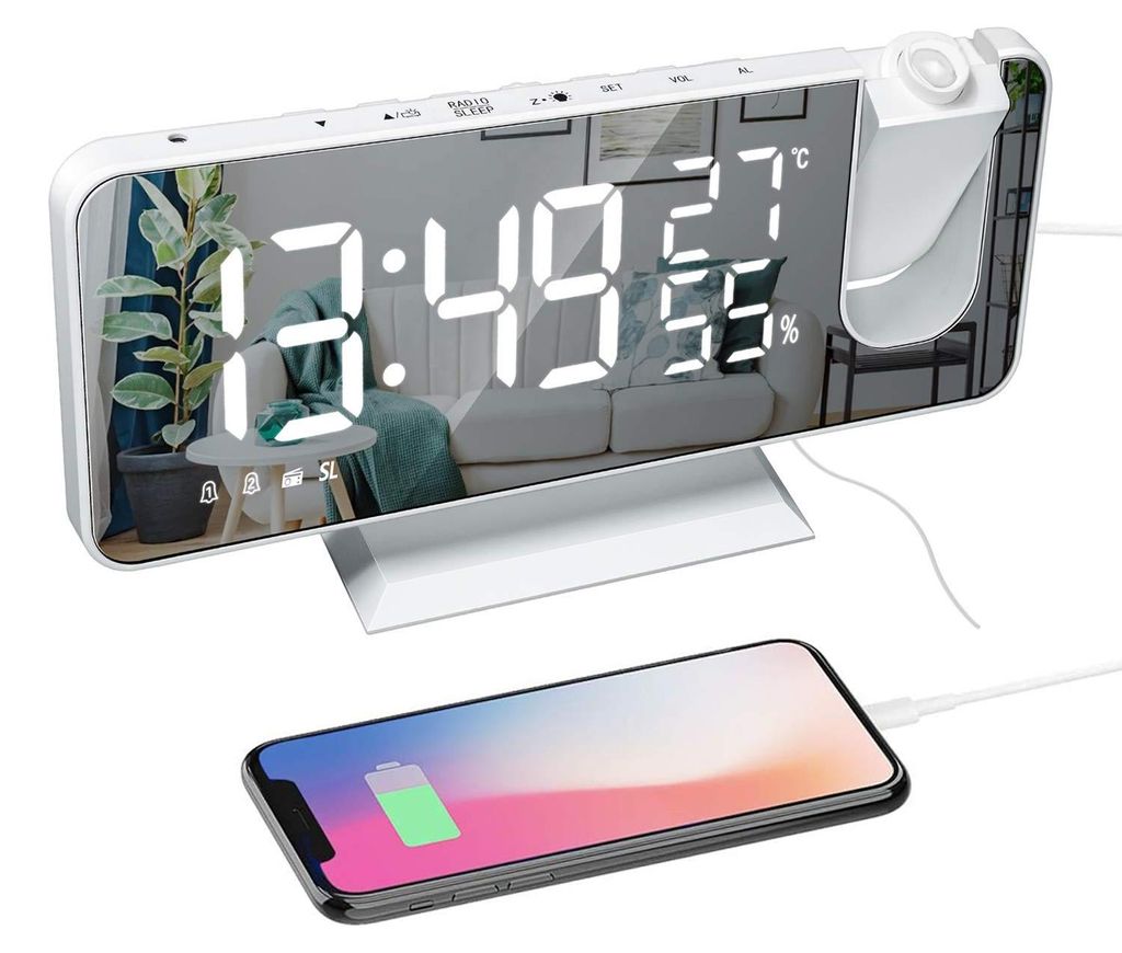 Projektionswecker mit FM-Radio, 7,5 Zoll Spiegeldisplay, USB-Ladegerät, Weiß