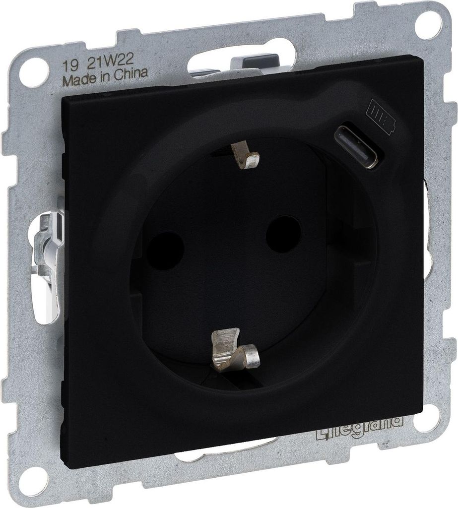 Legrand SEANO 2 in 1 Steckdose, USB Typ C-Kombinationssteckdose, mit erhöhtem Berührungsschutz, Steckklemmen, 16A, Schwarz, 765326