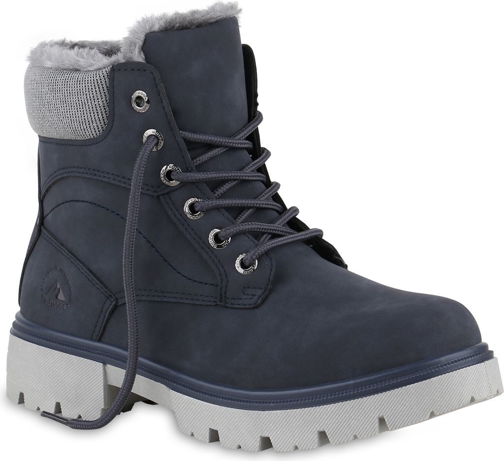 VAN HILL Damen Warm Gefütterte Worker Boots Stiefeletten Bequeme Schuhe 841423, Farbe: Dunkelblau, Größe: 36