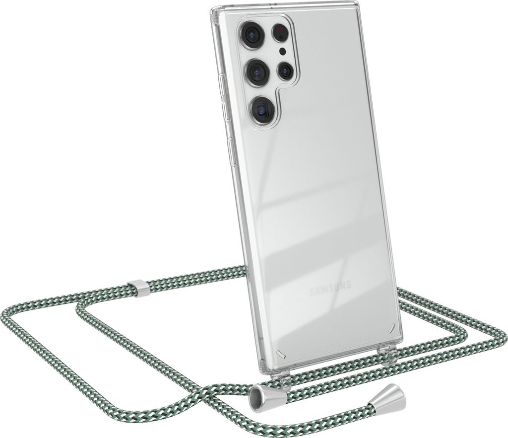 EAZY CASE Handykette kompatibel mit Samsung Galaxy S22 Ultra 5G, Handyhülle mit Umhängeband, Handykordel, Schutzhülle Clear, Band in Grün