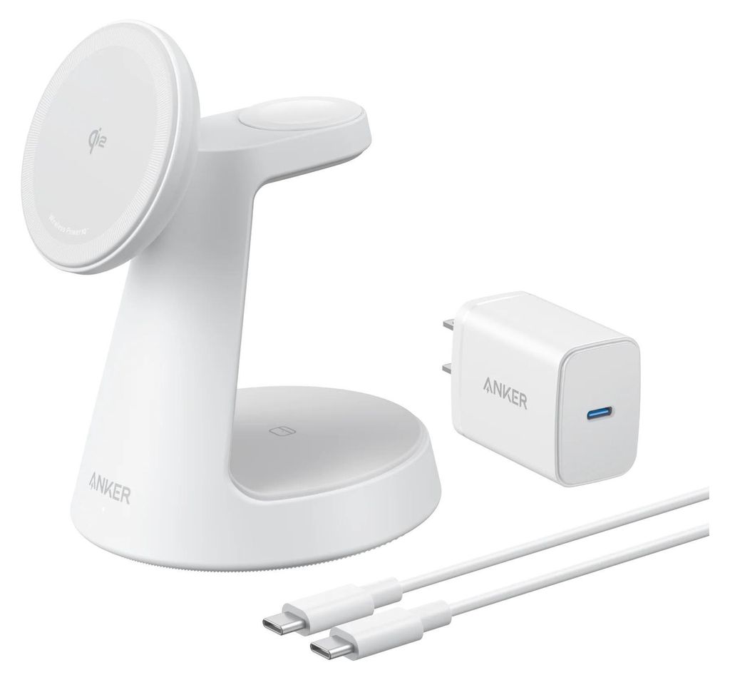 A white 3-in-1 wireless charging stand with a power adapter and cables, presented on a white background.