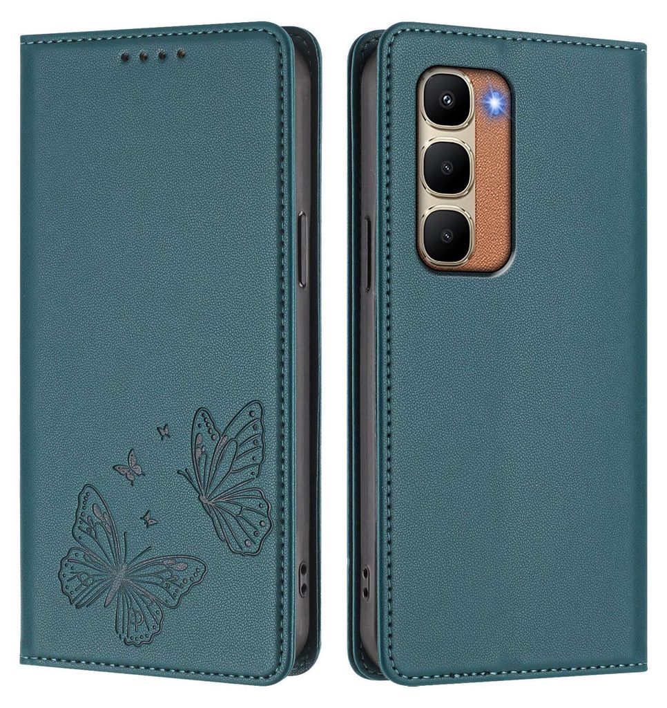 Lederhülle für Infinix Hot 70 4G, Schmetterling Prägung Leder Brieftasche Schutzhülle mit Ständer Grün