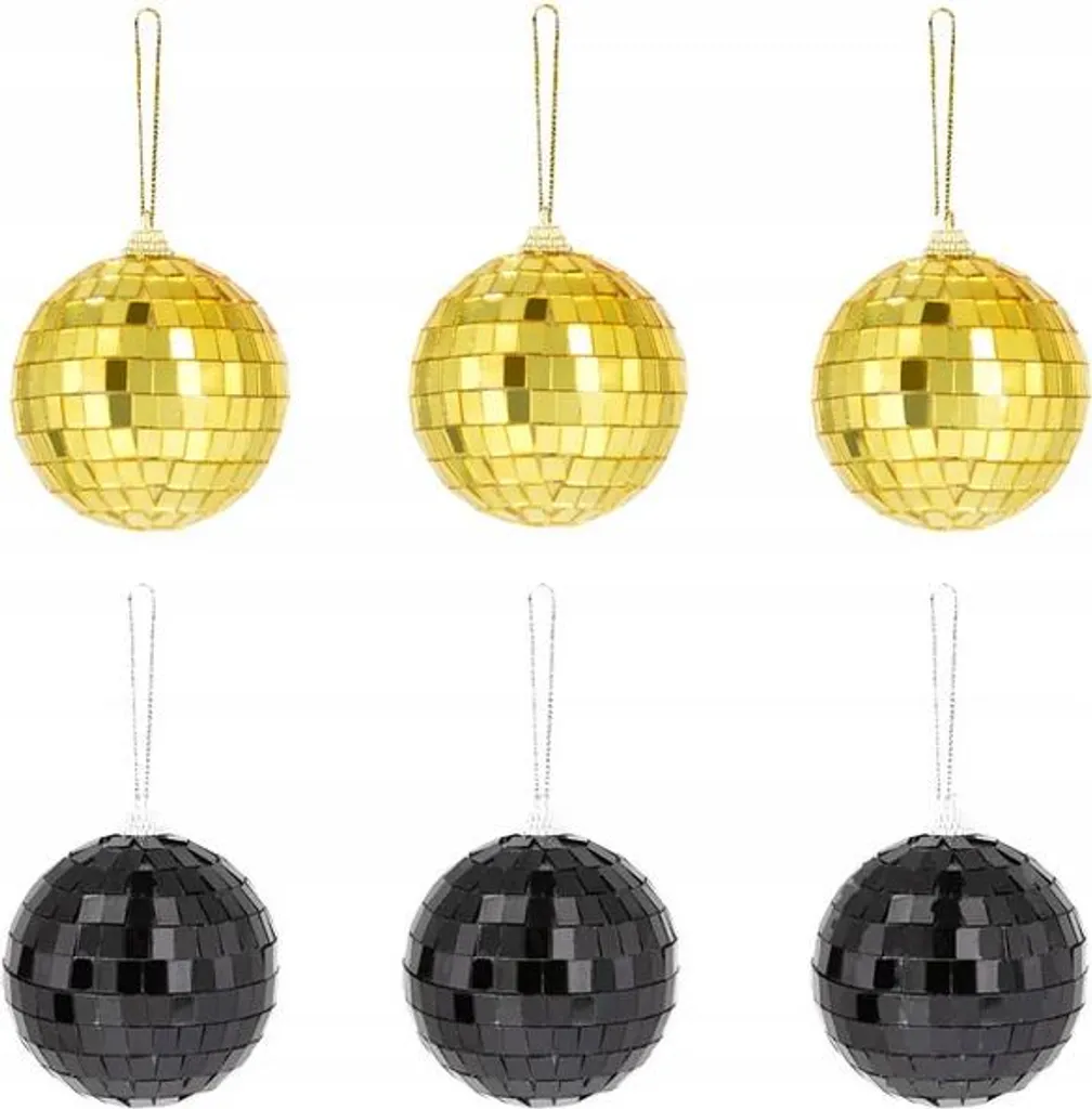 Pendentifs Boules Disco Or et Noir 7cm - Lot de 6 Décorations de Fête