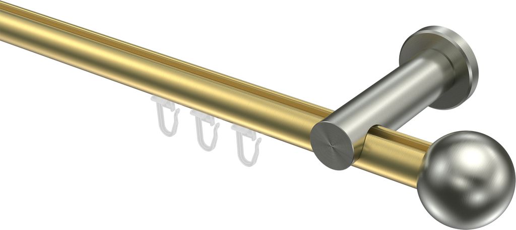 Interdeco Innenlaufstange / Gardinenstange mit Innenlauf Messing-Optik / Edelstahl-Optik, Typ Platon Luino (Kugel), 20 mm Ø 1-läufig, 140 cm
