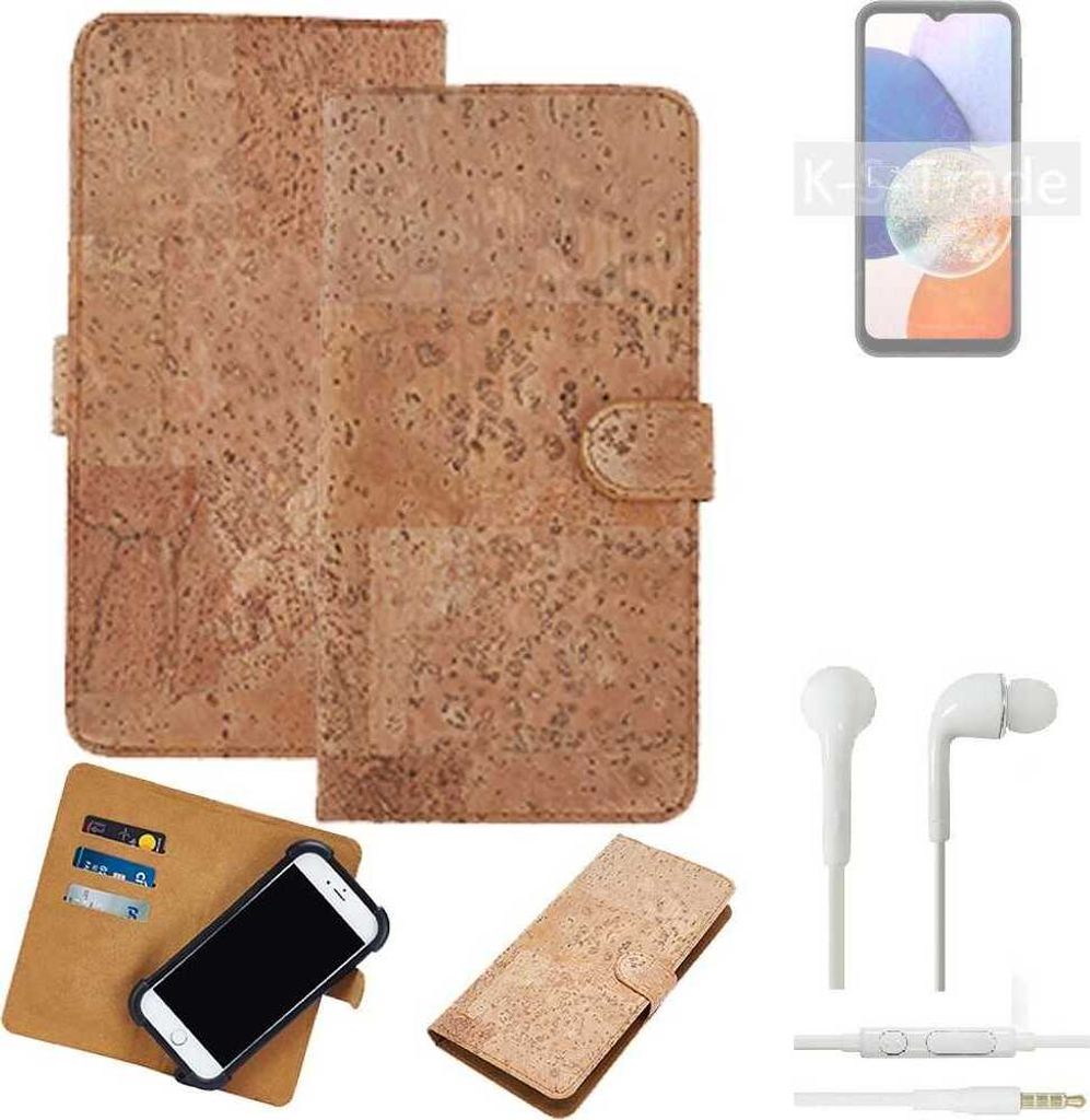 K-S-Trade Hülle kompatibel mit Samsung Galaxy A14 5G + in ear Kopfhörer Kork Handyhülle Cover Schutzhülle TPU Case Bumper in Hellbraun, (1x)