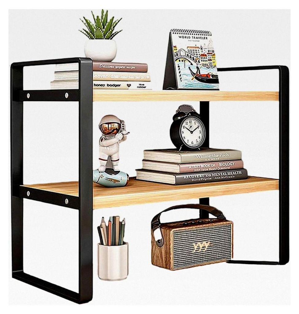 2-stöckiges Holz-Bücherregal, Tisch-Organizer, Büro-Organizer, Schreibtisch-Speicherregal (Schwarz und Holzfarbe)