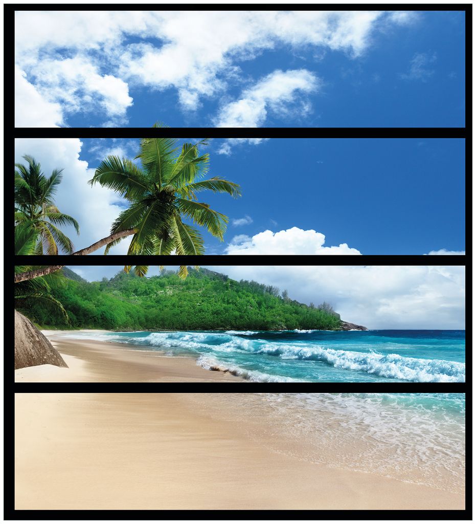 Wallario Möbelfolie / Aufkleber, geeignet für Ikea Malm Kommode mit 4 Schubfächern - Urlaub auf den Seychellen unter Palmen am Sandstrand