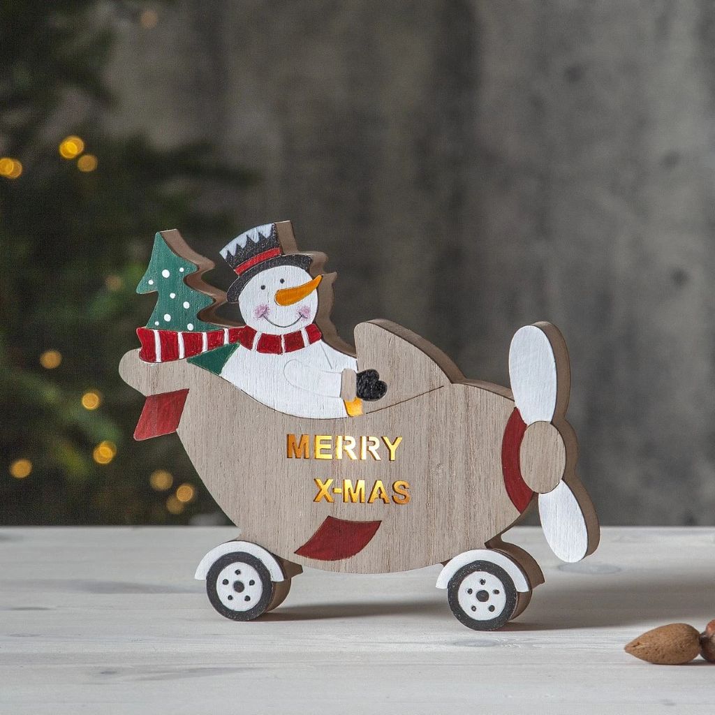 Weihnachtsleuchte Billy Holz Schneemann mit Flugzeug H 20cm