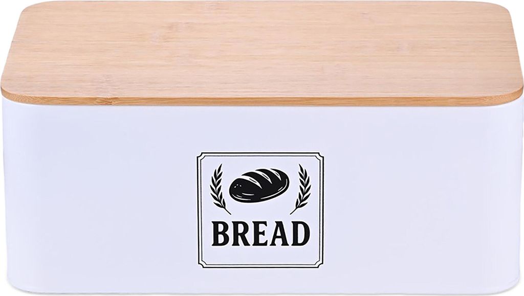Relaxdays Brotkasten, Bambusdeckel, Metall, HxBxT: 13,5 x 33 x 19 cm, Retro Brotaufbewahrungsbox, Brotbehälter, weiß
