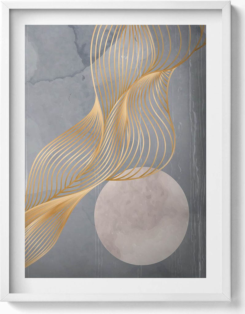 Abstrakte Illustration des Mondes mit Gold– Wandbild mit Rahmen – Gerahmtes Bild – Wanddekoration – 60x80 cm – Weiß Rahmen