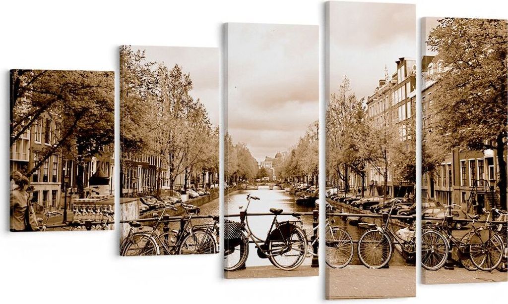 Bild auf Leinwand - Leinwandbild - Kanal Fahrräder Amsterdam Zentrum - 100x60cm - Wand Bild - Wanddeko - Leinwanddruck - Bilder - Kunstdruck - Lei...