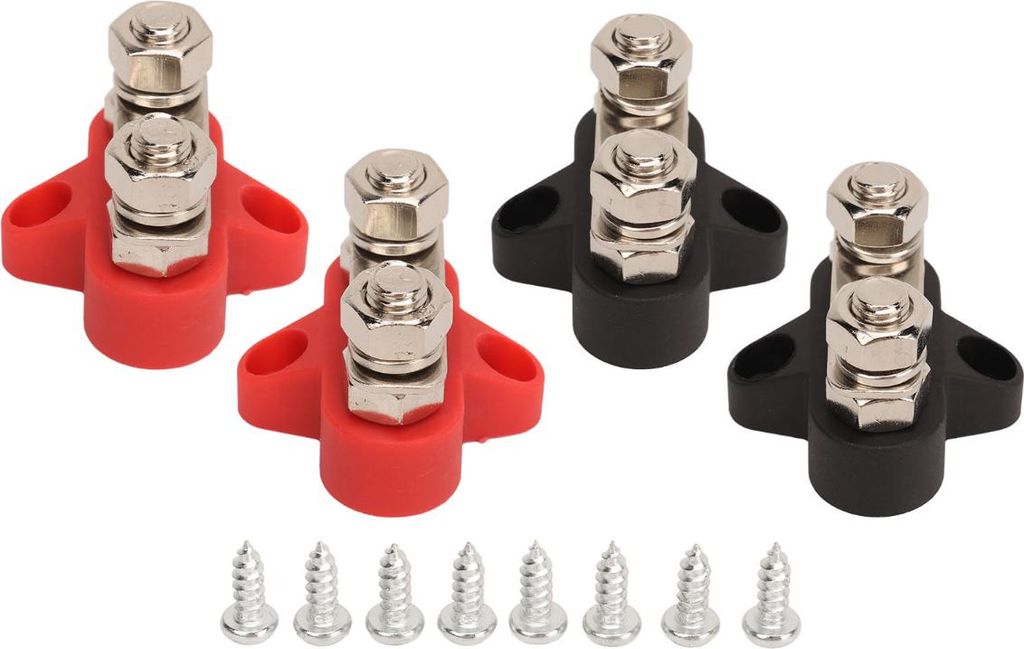 4 Stück Batteriestromanschlussbolzen DC 12–48 V M8 Doppelverteileranschlussklemmenblock-Sammelschiene für Autos, Wohnmobile, Boote, LKWs
