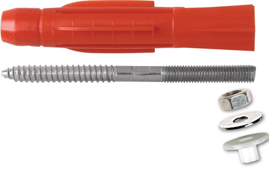 A white background displays a wall anchor, a threaded rod, a nut, a washer, and a plastic cap.