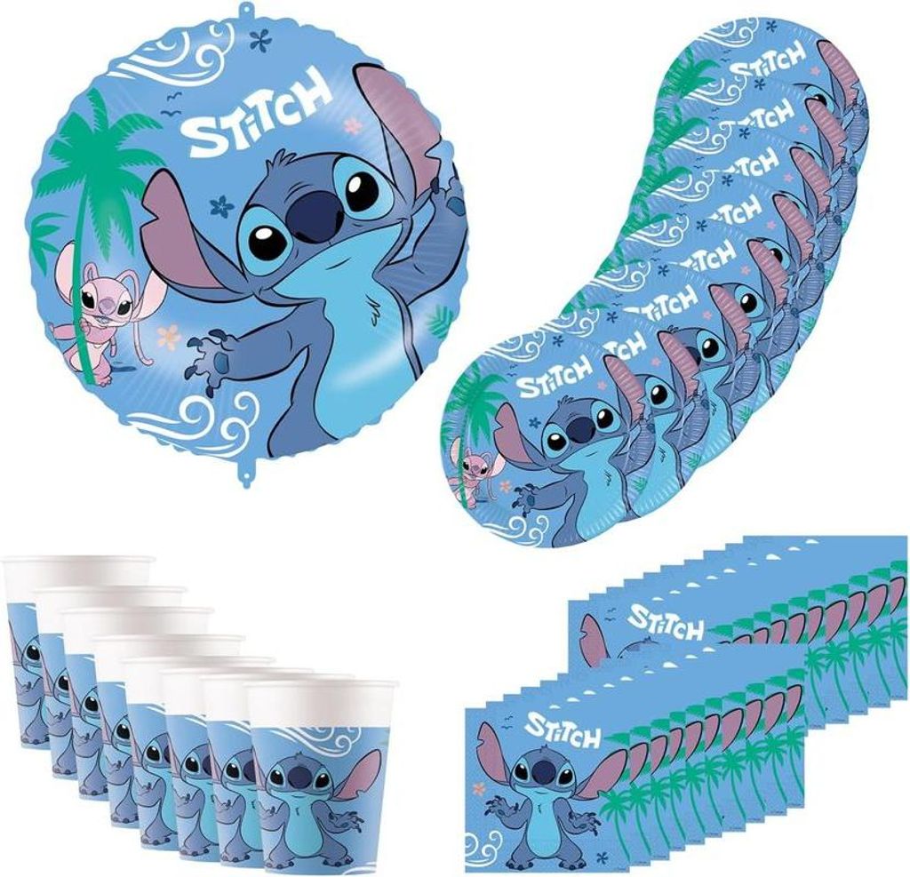 Partygeschirr Disney Stitch, 37-teilige Geburtstagsdeko enthält 8 Pappteller, 8 Pappbecher, 20 Servietten und einen Folienballon, Tischdeko für d...