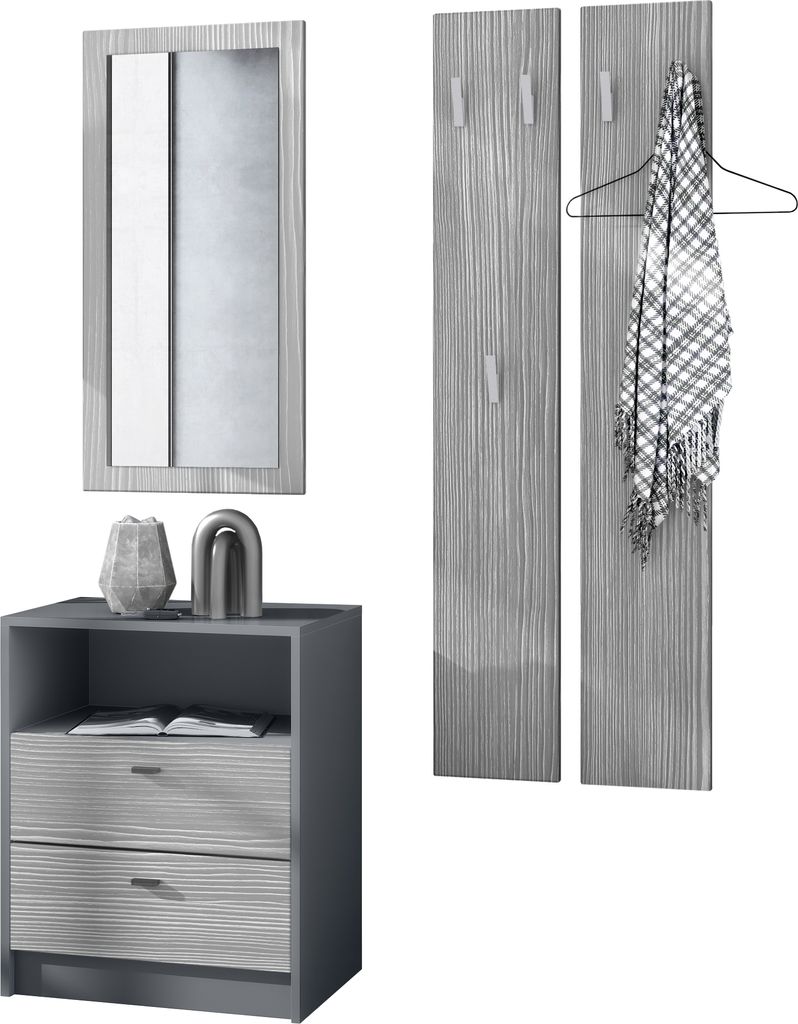 Vladon Garderobe Pino V1, Germany, Garderobenset bestehend aus 1 Kommode, 1 Wandspiegel und 2 Garderobenpaneele, Anthrazit matt/Avola-Anthrazit (c...