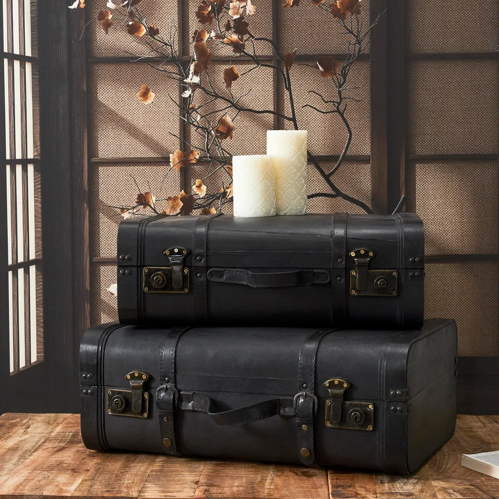 Lot de 2 coffres de rangement aspect vieux cuir et bois style vintage