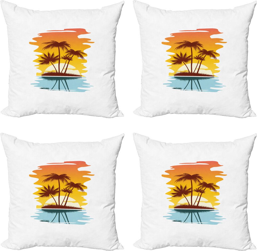 ABAKUHAUS Strand Kissenbezug Set (4 Stück), Exotische Palmen Sonnenuntergang, Moderner Doppelseitiger Digitaldruck, 40 cm x 40 cm, Orange Hellblau...