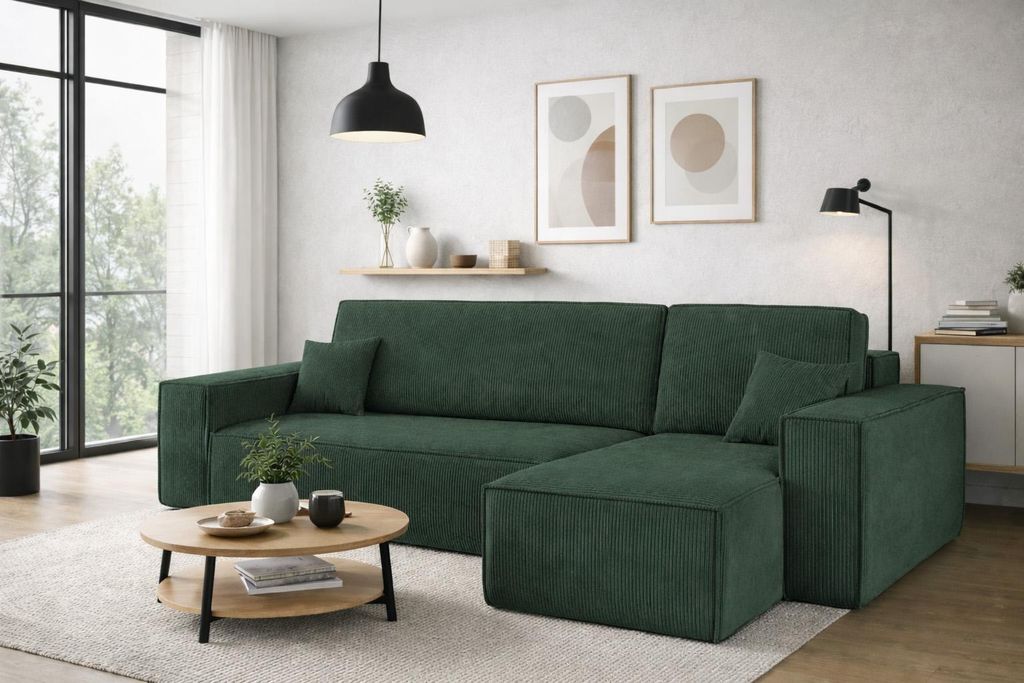 Kaiser Möbel Ecksofa mit schlaffunktion und bettkasten, Sofa L-form, Couch L-form BEST Dicker Cord Rechts Grün