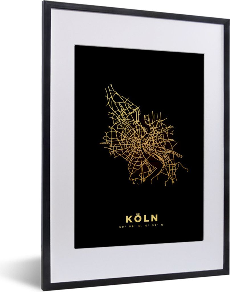 MuchoWow Gerahmtes Poster Köln - Karte - Gold - Stadtplan 30x40 cm - Poster mit Schwarzem Bilderrahmen Wandposter Rahmen Foto Bilder - Wandposte...