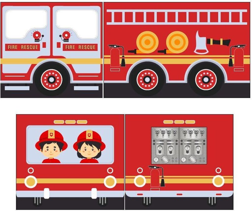 A collage of four images showing different views of a cartoon fire truck, including its side, front, back, and interior control panel.