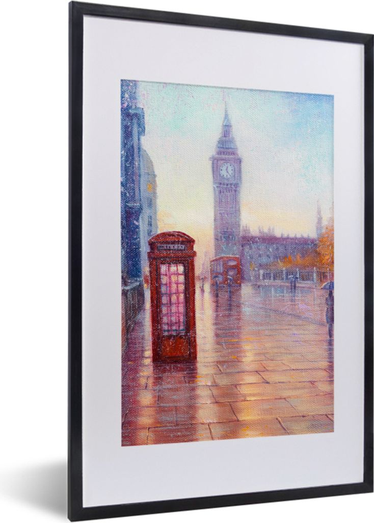 MuchoWow Gerahmtes Poster Malerei - Ölgemälde - London - Telefon 40x60 cm - Poster mit Schwarzem Bilderrahmen Wandposter Rahmen Foto Bilder - P...