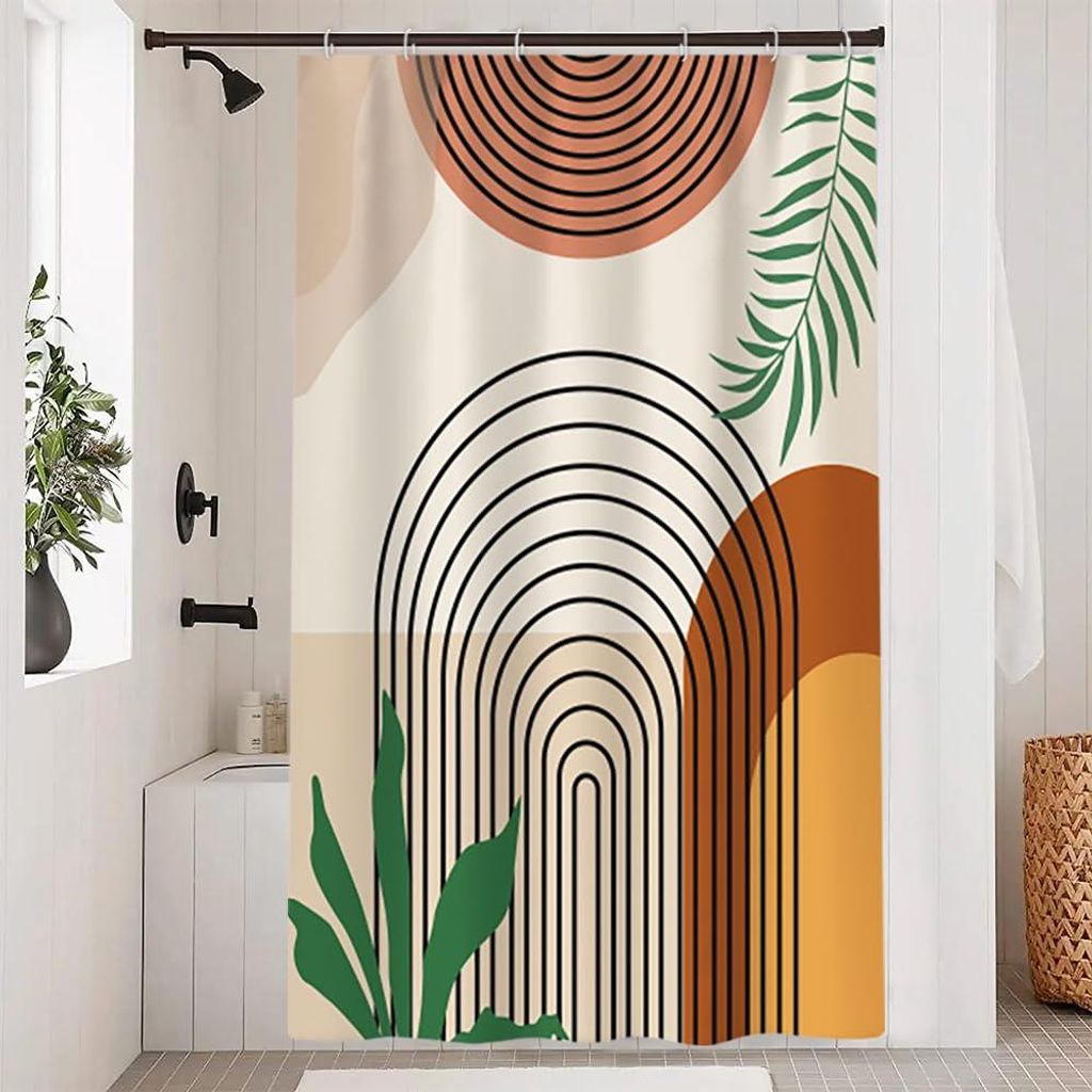 Abstrakter Boho-Duschvorhang, 120 x 200 cm, terrakottafarbenes geometrisches Muster, grüne Blätter, schimmelresistenter Stoff, waschbar, wasserdi...
