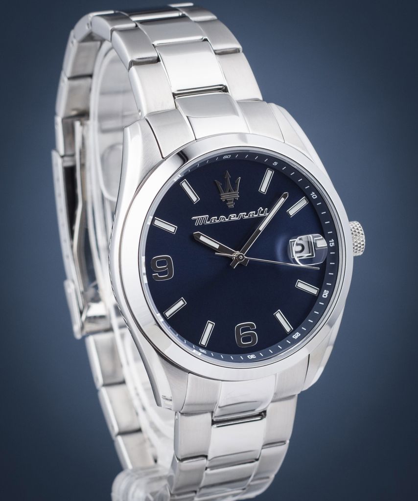 A close-up studio shot of a Maserati men's watch with a blue dial and silver metal band.