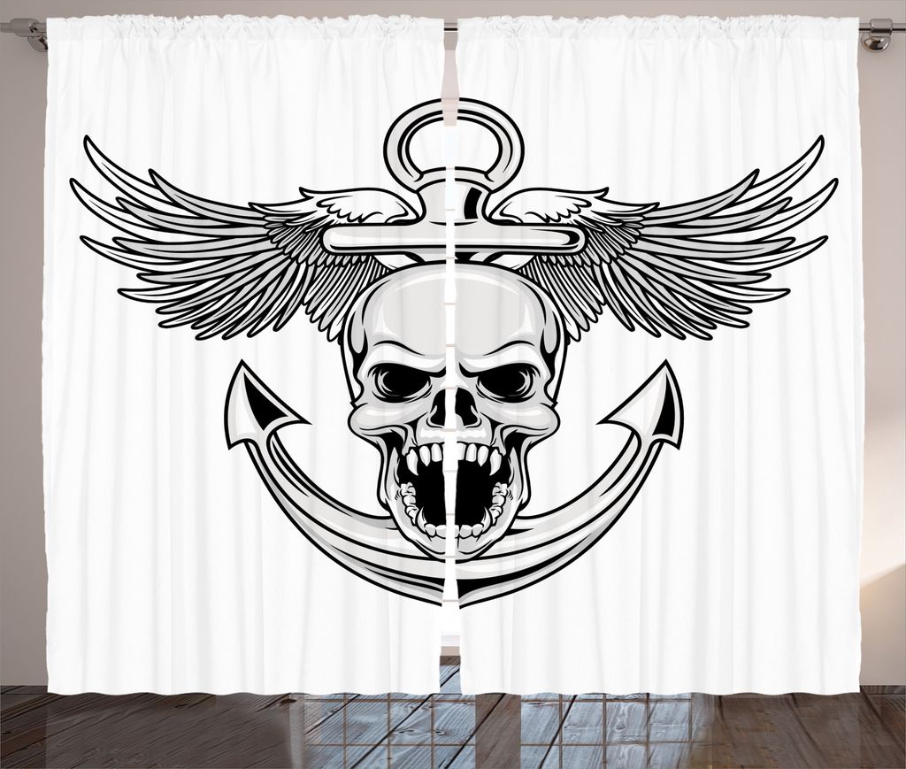ABAKUHAUS Grau weiß Rustikaler Gardine, Schädel Anker Adler, Schlafzimmer Kräuselband Vorhang mit Schlaufen und Haken, 280 x 225 cm,