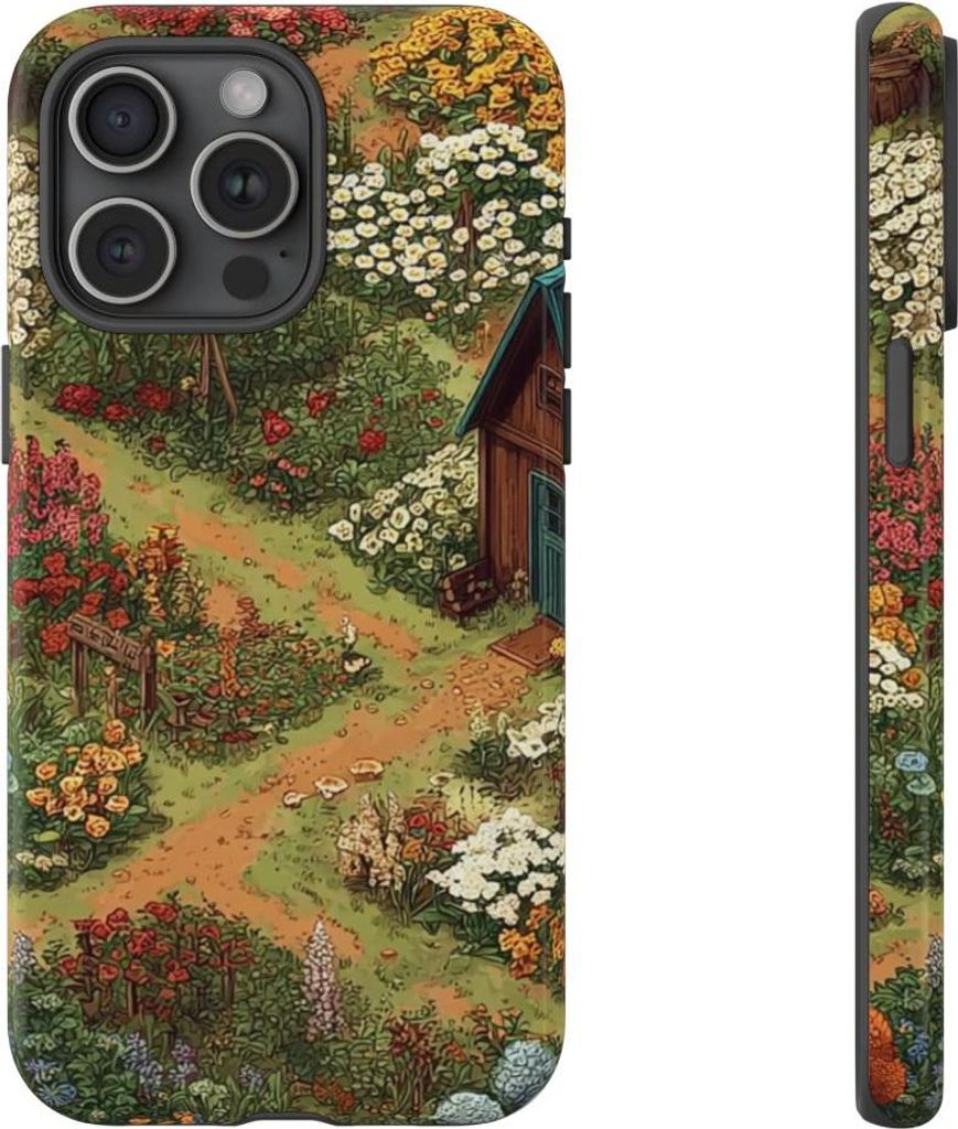 Bunte Blumenpracht mit Landhaus – Hülle Kompatibel mit iPhone 15 Pro Max