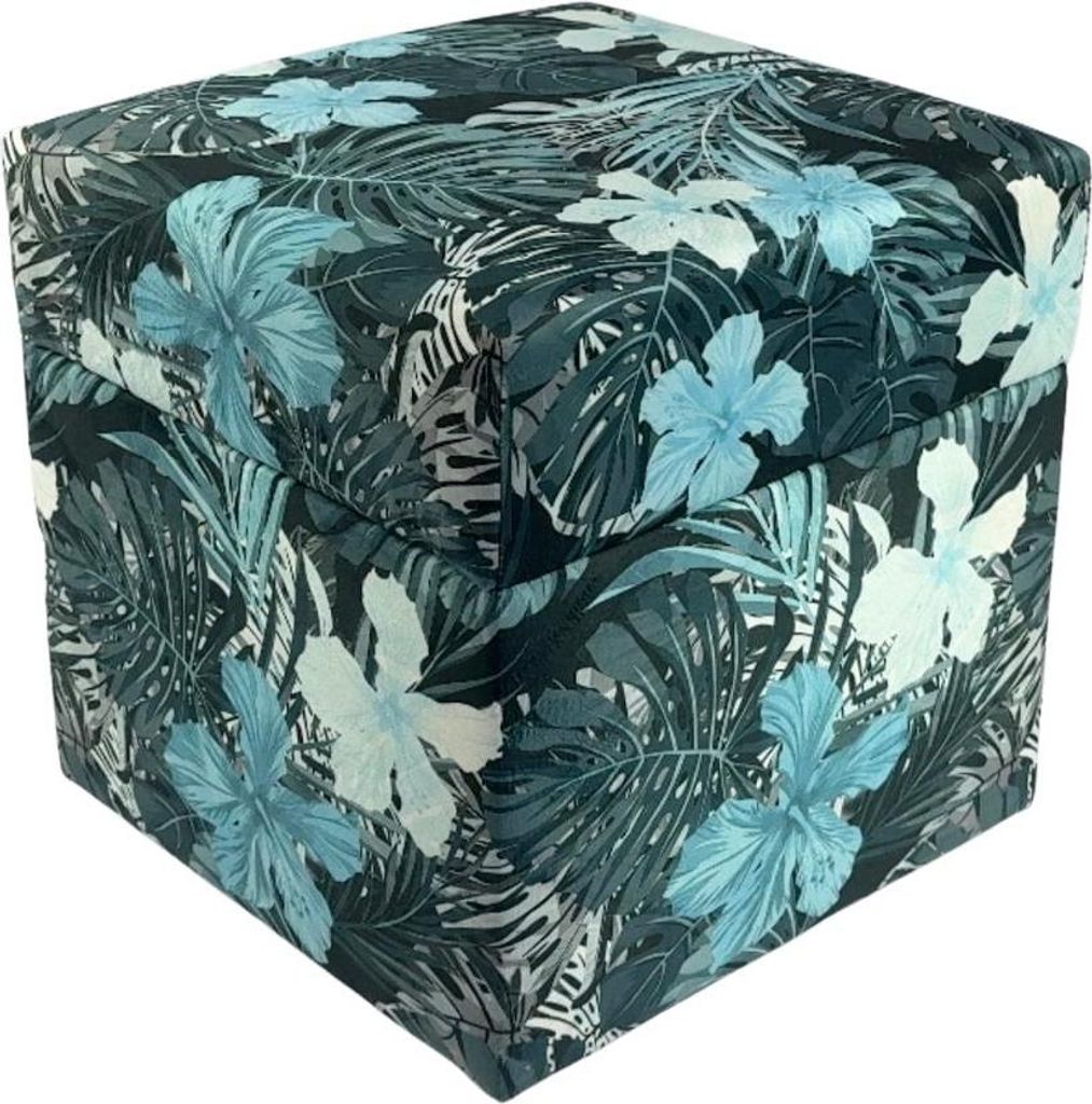 Velours-Hocker TROPIC 40x40 cm quadratisch mit Stauraum – aufklappbarer Polsterhocker mit buntem Blumenmuster – Blau
