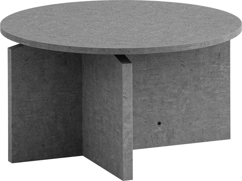 A round, gray coffee table with a textured surface and a cross-shaped base, shown against a white background.