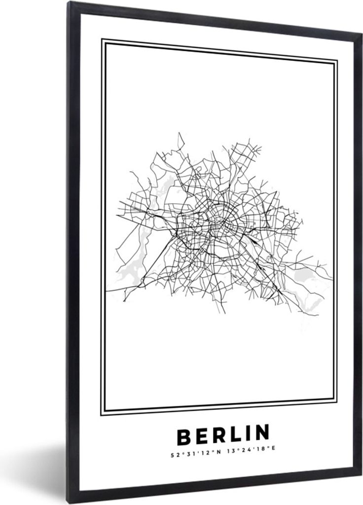 MuchoWow Gerahmtes Poster Deutschland - Berlin - Stadtplan - Karte - Schwarz-Weiß - Karte 20x30 cm - Poster mit Schwarzem Bilderrahmen Wandposte...