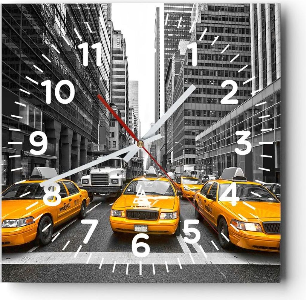 Wanduhr - Quadrat - Glasuhr - Taxi Stadt Straße Transport - 40x40cm - Schleichendes Uhrwerk - Lautlos - zum Aufhängen bereit - Dekoration Modern ...