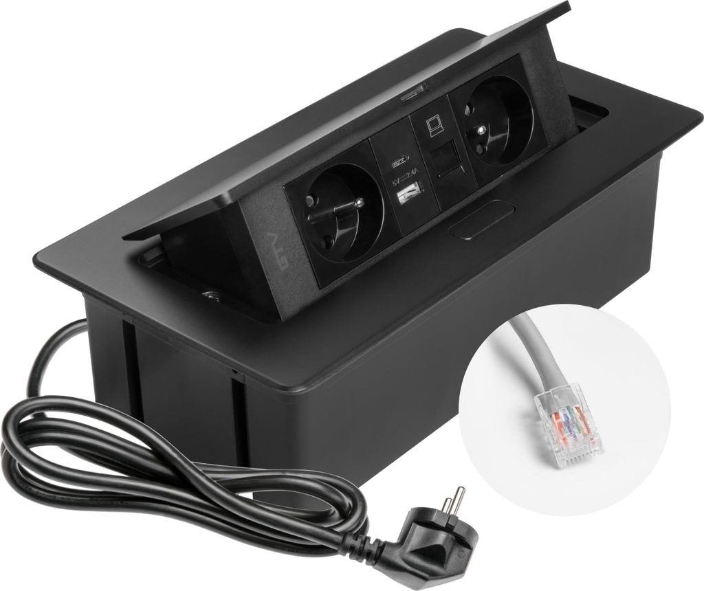 GTV - Einbausteckdose MULTISOFT schwarz mit 2x Steckdose mit Erdung, USB A+C, RJ45, versenkbar mit Abdeckung, 1,5 m Kabel, für Küche, Büro, Konf...