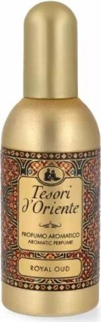 A product shot of a bottle of Tesori d'Oriente Royal Oud perfume against a white background.